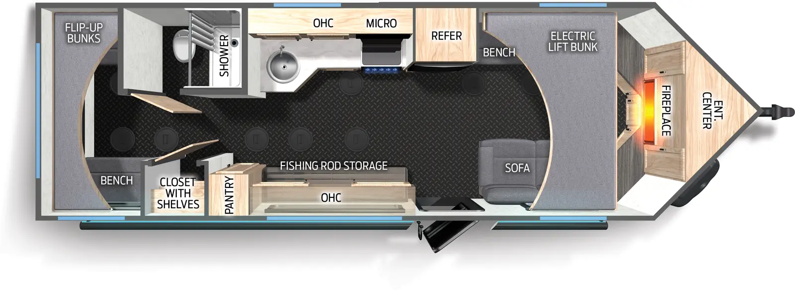 The Grey Wolf 21CH floorplan has one entry and zero slide outs. Exterior features include: metal exterior and 16' awning. Interiors features include: bunk beds.
